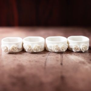 Set of 4 vintage porcelain ceramic white rose napkin rings holders note damage